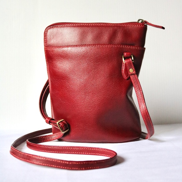 DEREK ALEXANDER Two Sided Zip Crossbody Red Leather Purse Shoulder Bag - Picture 1 of 13